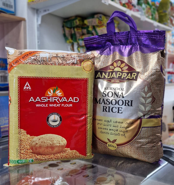 5kg Aashirvaad atta + 10kg Anjappar Sona Masuri
